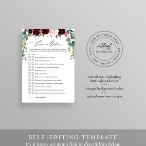 May include: Editable printable "Over or Under" bridal shower game with a floral design in shades of burgundy, pink, and green. The game features a list of questions about the bride and groom, with checkboxes for players to guess whether the answer is over or under a certain number.