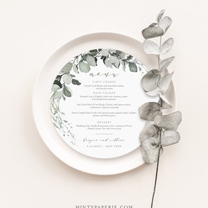 Modello di menu rotondo o quadrato di eucalipto, salvia, scheda del menu della cena di nozze nel verde tenue, testo modificabile al 100%, istantaneo, Templett #026-219WM