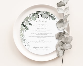 Eucalyptus Round or Square Menu Template, Sage, Muted Greenery Wedding Dinner Menu Card, 100% Editable Text, Instant, Templett #026-219WM
