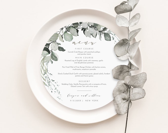 Eucalyptus Round or Square Menu Template, Sage, Muted Greenery Wedding Dinner Menu Card, 100% Editable Text, Instant, Templett #026-219WM