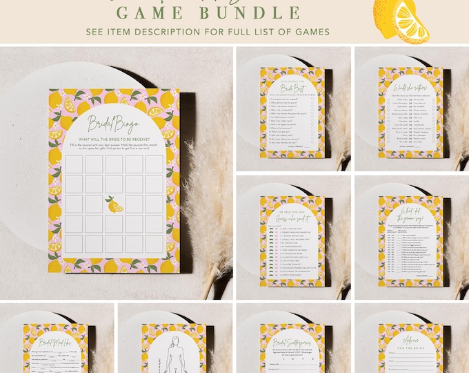 Lemon Bridal Shower Game Bundle, 36 Games, Summer Wedding Shower Games, Pampas, Editable Templates, Instant Download, Templett #0046-BGB