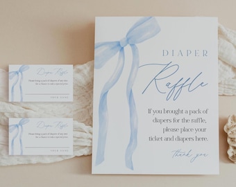 Blue Bow Diaper Raffle Game, Printable Coquette Boy Baby Shower Diaper Raffle Insert & Sign, Editable Template, Instant Download #0057-20BAG