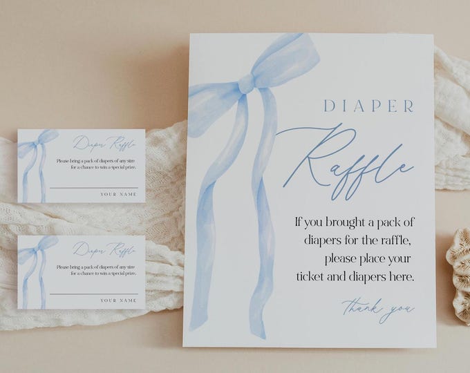 Blue Bow Diaper Raffle Game, Printable Coquette Boy Baby Shower Diaper Raffle Insert & Sign, Editable Template, Instant Download #0057-20BAG