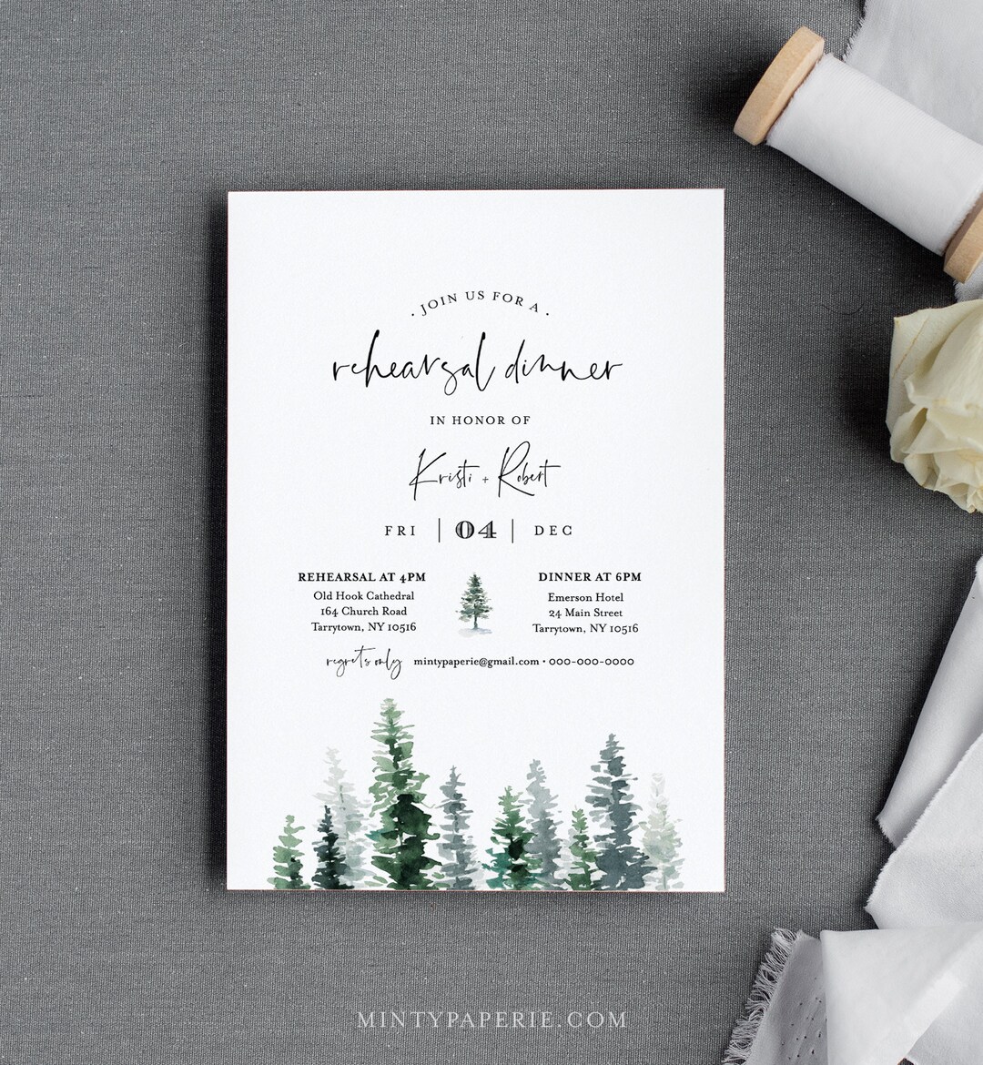 Rustic Rehearsal Dinner Invitation Template, Pine Tree Evergreen ...