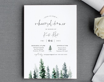 Rustic Rehearsal Dinner Invitation Template, Pine Tree Evergreen Wedding Rehearsal Invite, Editable Text, Instant Download, DIY #073-140RD