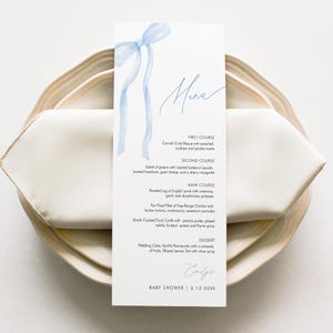 Coquette Blue Bow Menu, Printable Boy Baby Shower Dinner Menu Card, Editable Template, Instant Download, Templett #0057-158WM
