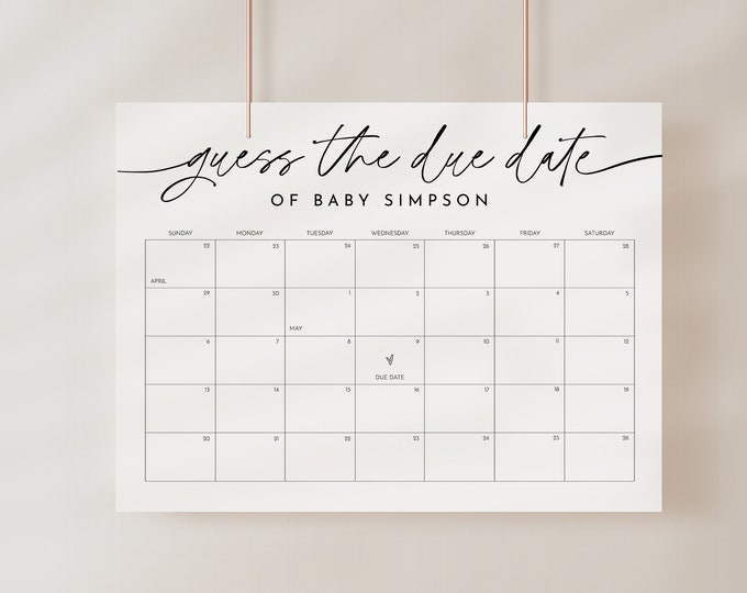 Minimalist Baby Due Date Calendar Sign, Guess the Birthday Baby Shower Game, Gender Neutral, Editable, Instant, Templett #0032-117GDD