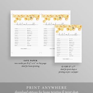 K&ouml;nnte beinhalten: Zwei druckbare Karten f&uuml;r ein Brautparty-Spiel mit einem Wabenmuster und einer Bienenillustration. Die Karten enthalten den Text "bridal word scramble" und eine Liste von W&ouml;rtern, die man entwirren muss. Die Karten sind f&uuml;r Papier im Format 8,5 x 11 Zoll oder A4 ausgelegt.