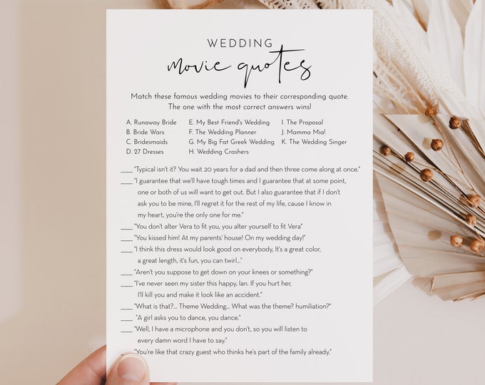 Wedding Movie Quotes Bridal Shower Game Template, Minimalist Bridal Shower Printable, Editable, Instant Download, Templett #0031-25BRG