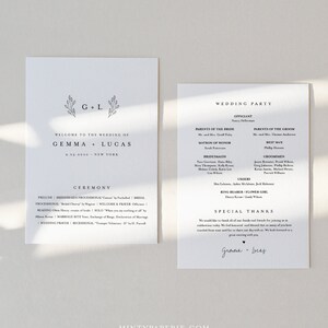 May include: A wedding ceremony program with a simple design featuring a floral motif and the couple's names, Gemma and Lucas, in a black font. The program includes the wedding party, ceremony details, and a special thanks section.