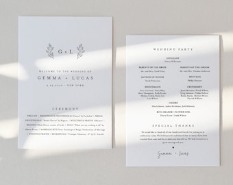 Monogram Wedding Program, Fan or Flat Program, Minimalist Order of Service, Editable Template, Instant Download, Templett #095B-428WP