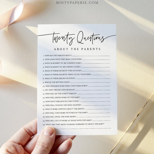 20 Questions About the Parents, Twenty Questions Game, Minimalist Baby Shower, Editable Text, Instant Download, Templett, 5x7 #0009-40BAG