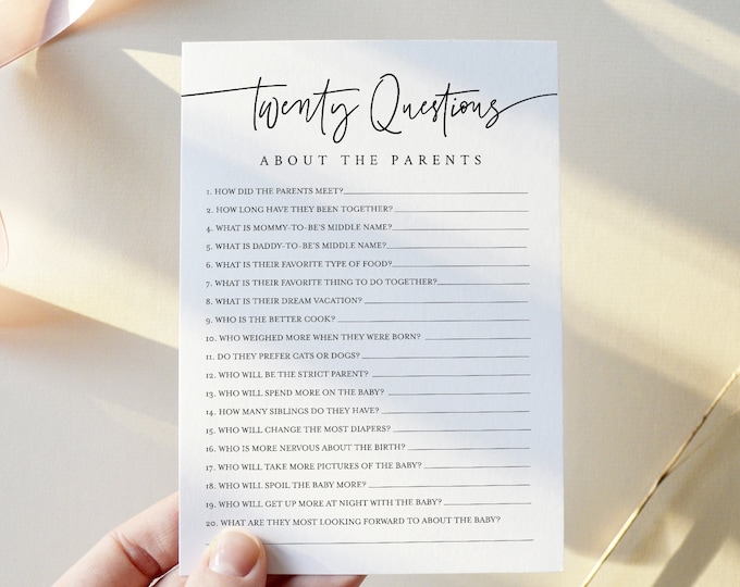 20 Questions About the Parents, Twenty Questions Game, Minimalist Baby Shower, Editable Text, Instant Download, Templett, 5x7 #0009-40BAG