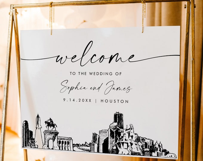 Houston Welcome Sign, Texas City Skyline Wedding Sign, Printable Instant Download, Editable Template, Templett, 18x24, 24x36 #0047-353LS