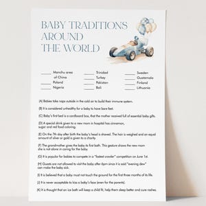 May include: A printable worksheet with a blue and white race car and balloons. The worksheet lists baby traditions from around the world, such as the Manchu area of China, Trinidad, and Sweden.