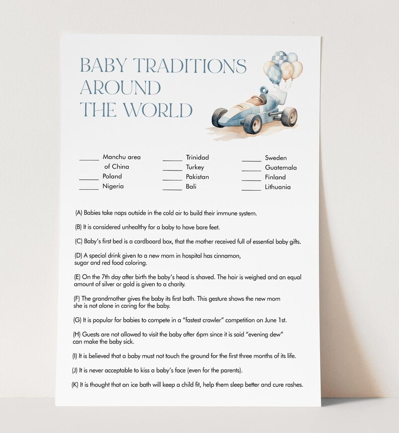 May include: A printable worksheet with a blue and white race car and balloons. The worksheet lists baby traditions from around the world, such as the Manchu area of China, Trinidad, and Sweden.