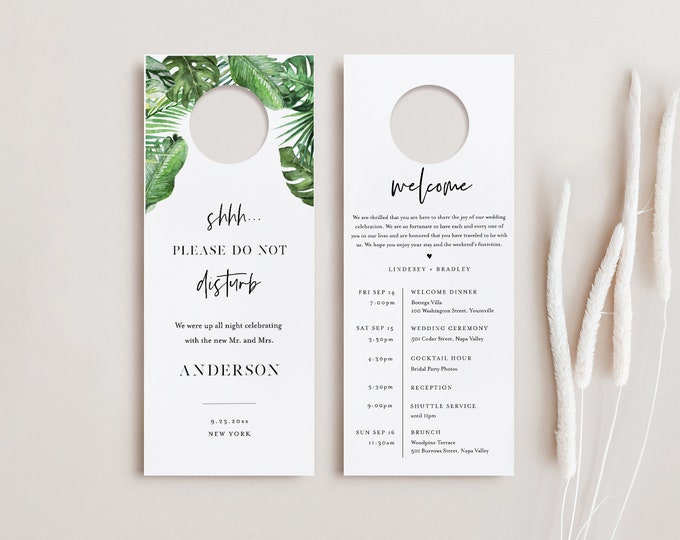 Wedding Door Hanger Template, Tropical Beach Wedding, Welcome Letter & Itinerary, Do Not Disturb Door Tag, Templett #083-107DH