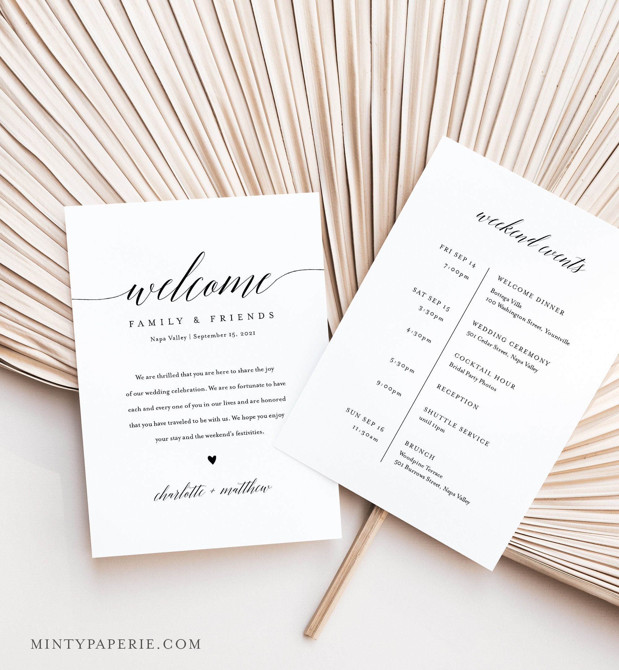 Welcome Letter and Itinerary, Wedding Schedule of Events, Agenda, Printable Welcome  Bag Note, 100% Editable, Instant Download #034-107WB
