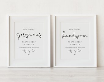 Bathroom Sign, Hey there Gorgeous, Handsome, Ladies Mens Room, Wedding Bathroom Basket, Restroom, Editable Template, Templett #0031-76S