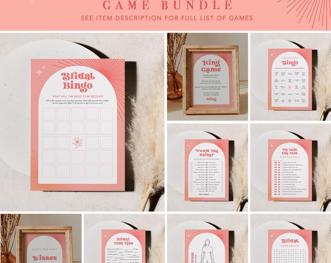Retro Bridal Shower Game Bundle, 36 Games, Groovy Wedding Shower Games, Mid Century, Editable Template, Instant Download, Templett #0050-BGB