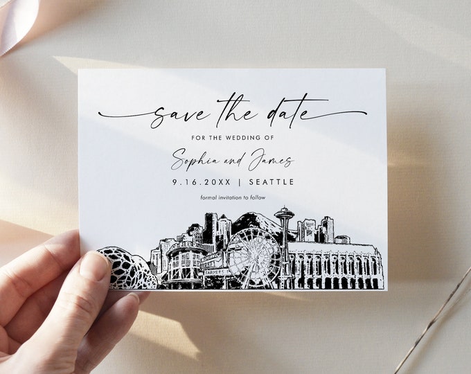 Seattle Skyline Save the Date, Destination Wedding Seattle Wedding Date, Editable Template, Instant Download, Templett, 5x7 #0047-212SD