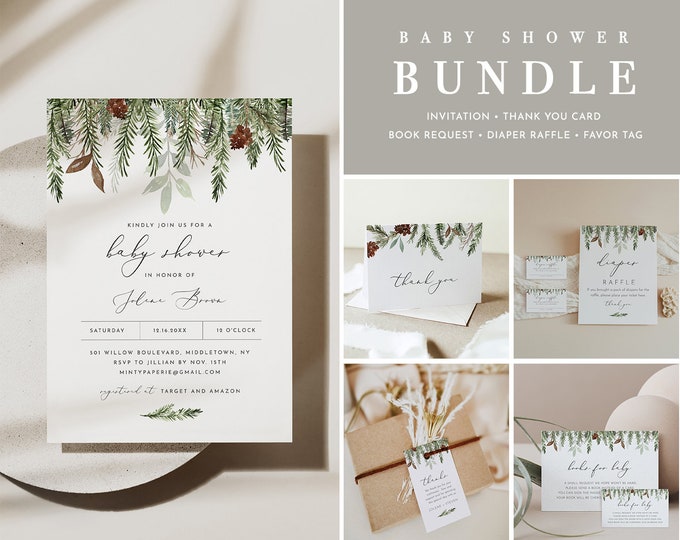 Winter Baby Shower Bundle, Winter Pine, Woodland, Gender Neutral, Invite, Book Request, Diaper Raffle, Editable Template, Templett 0017-BNDL