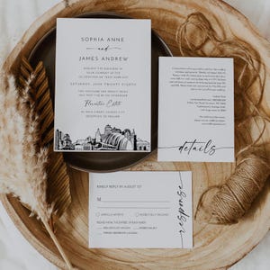 Conjunto de invitaciones de boda de Kansas City, horizonte de Missouri, tarjeta con foto, plantilla editable, incluye invitación, confirmación de asistencia, detalles, Templett n.° 0047
