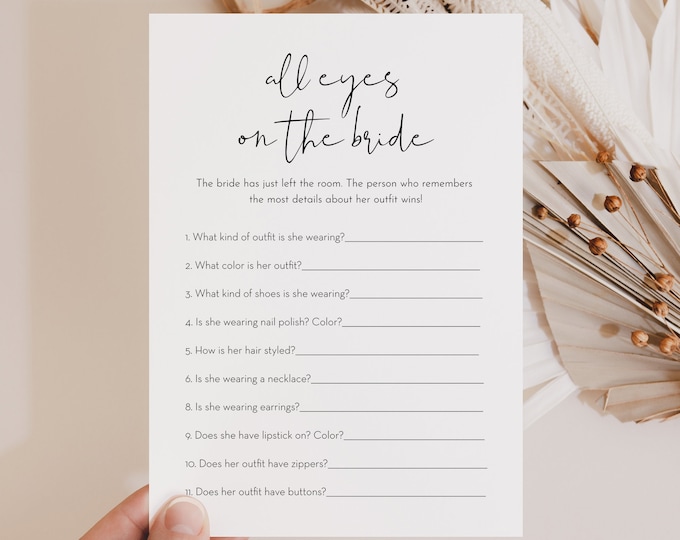 All Eyes on the Bride Game, Minimalist Bridal Shower Game, Guess the Brides Outfit, Editable Template, Instant Download, Templett 0031-17BRG