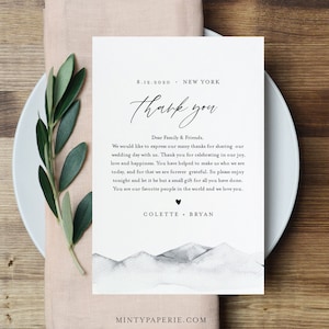 Carta de agradecimiento de boda rústica, tarjeta de montaña en lugar de favor, nota de servilleta, DESCARGA INSTANTE, plantilla editable, TEMPLETT #004-124TYN