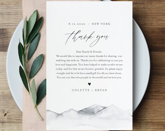 Rustic Wedding Thank You Letter, Mountain In Lieu of Favor Card, Napkin Note, INSTANT DOWNLOAD, Editable Template, TEMPLETT #004-124TYN