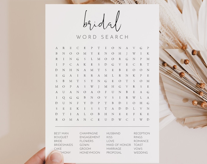 Minimal Word Search Game, Minimalist Bridal Shower Word Find Game, Word Puzzle, Instant Download, Templett #0031-20BRG