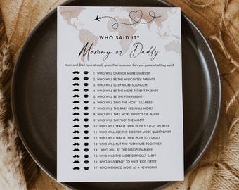 Adventure Who Said It, Mommy or Daddy Game, Travel Theme Baby Shower, World Map, Editable Template, Instant Download, Templett #0039-28BAG