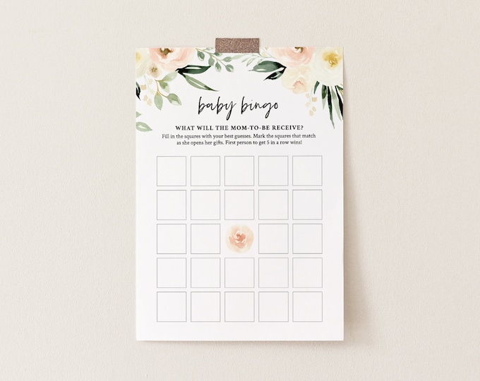 Baby Bingo Game, Instant Download, Peach Floral & Greenery Baby Shower Game, Editable Template, Instant Download, Templett  #076-136BG