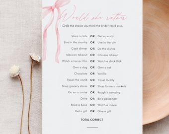 Would She Rather Game, Coquette Bow Bridal Shower, Pink Ribbon, Printable, Editable Template, Instant Download, Templett #0057-04BRG