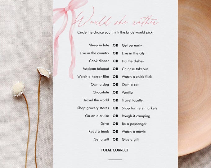 Would She Rather Game, Coquette Bow Bridal Shower, Pink Ribbon, Printable, Editable Template, Instant Download, Templett #0057-04BRG