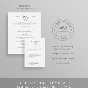 May include: Editable wedding photo booth game card with a black and white design. The card features the text "I Spy" and a list of items to find in wedding photos. The card is 5x7 inches and is part of a printable template.