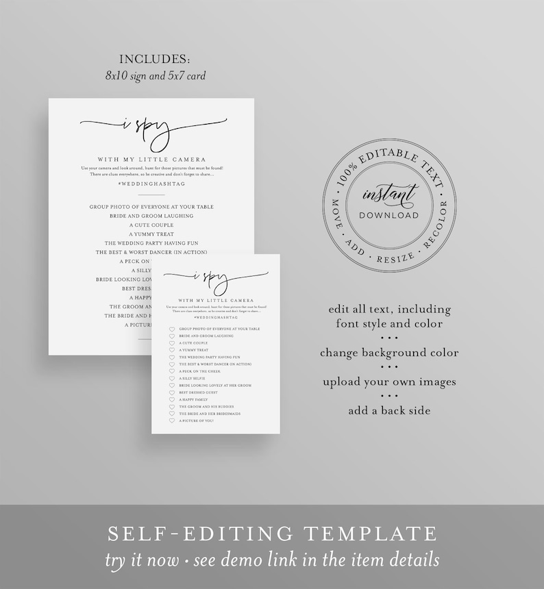May include: Editable wedding photo booth game card with a black and white design. The card features the text "I Spy" and a list of items to find in wedding photos. The card is 5x7 inches and is part of a printable template.