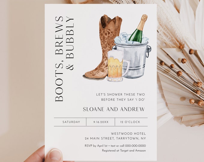 Boots, Brews & Bubbly Couples Shower Invitation Template, Western Bridal Shower Invite, Beer, Champagne Printable, Editable #0026F-331BS