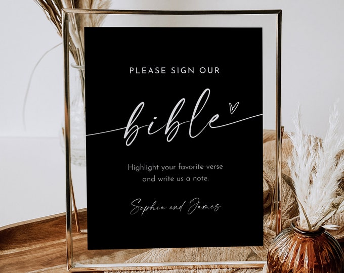 Bible Guest Book Sign, Printable Classic Black Wedding Bible, Bible Verse Guestbook, Editable Template, Instant, Templett #0034B-74S