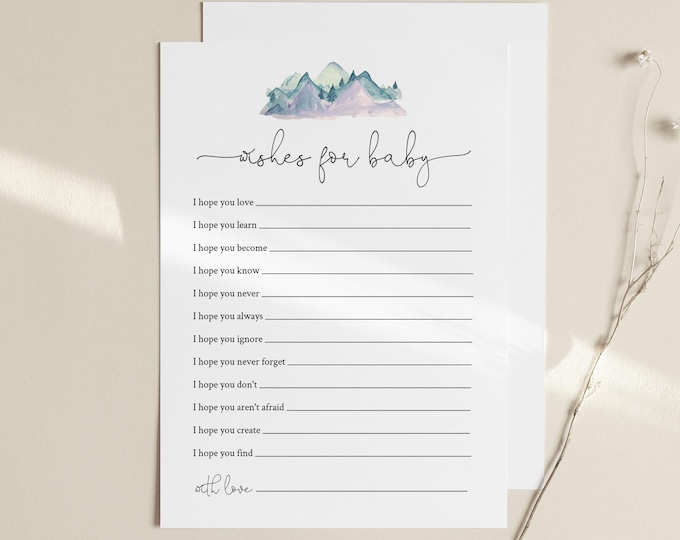 Wishes for Baby, Printable Mountain Baby Shower Advice Card, 100% Editable Text, DIY Baby I Hope, Instant Download, Templett #063-29BAG