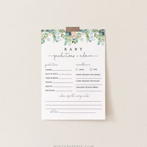 Prédictions de bébé et carte de conseils, douche de bébé de verdure luxuriante imprimable, texte modifiable, conseils de bébé bricolage, téléchargement immédiat #068A-151BASG