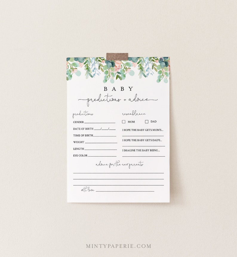 Baby Predictions and Advice Card, Printable Lush Garden Greenery Baby Shower, Editable Text, DIY Baby Advice, INSTANT DOWNLOAD 068A-151BASG image 1