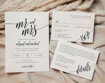 Wedding Invitation Template, Instant Download, Rustic Modern Wedding Invite Set, RSVP, Info Card, DIY Printable, Editable Template #020A
