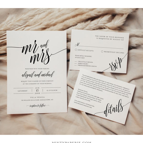 Wedding Invitation Template, Instant Download, Rustic Modern Wedding Invite Set, RSVP, Info Card, DIY Printable, Editable Template #020A