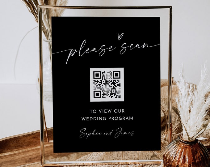 QR Code Wedding Program, Scan QR Code for Order of Service, Classic Black Sign, Editable Template, Instant, Templett, 8x10 #0034B-67S