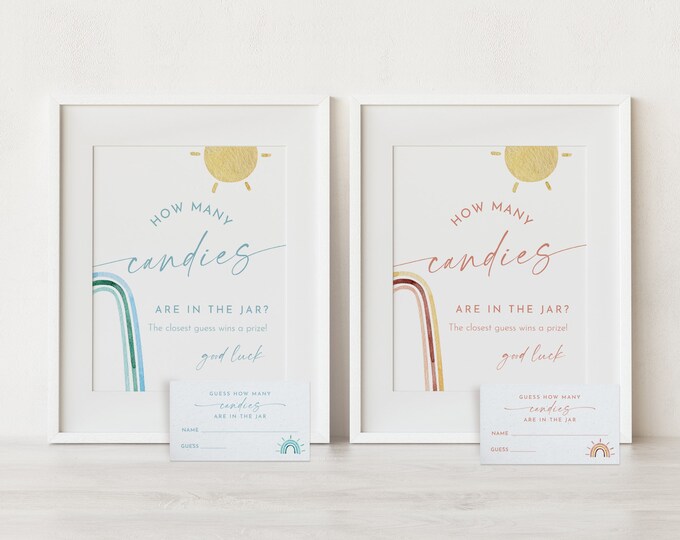 Guess How Many Candies in the Jar, Boho Rainbow Baby Shower Game, Candy Game, Instant Download, Templett, 8x10 Sign, 2x3.5 Card #0055-38BAG