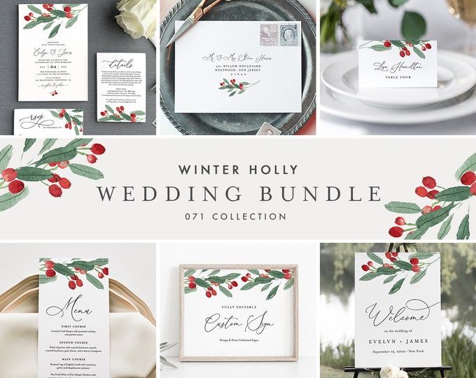 Winter Holly Wedding Bundle, Christmas Wedding Invitation Suite + Day Of Templates, Editable Text, Instant Download, Templett #071-BUNDLE