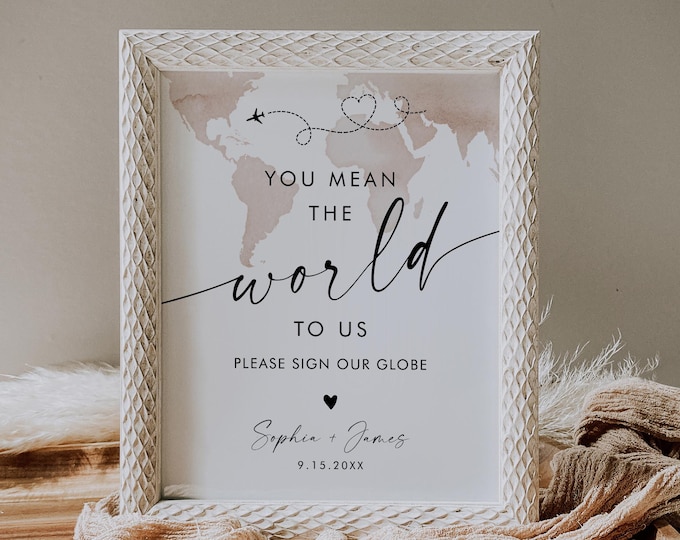 Globe Guest Book Sign, You Mean the World To Us, Wedding Map Globe Guestbook, Editable Template, Instant Download, Templett, 8x10 #0039-75S