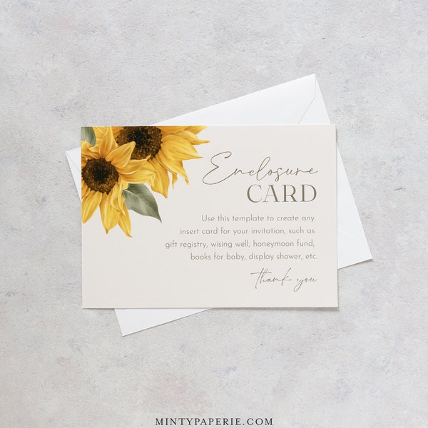 Sunflower Enclosure Card Template, Rustic Wedding Invitation Insert, Baby Shower Insert, Editable, Instant Download, Templett #047-140RC