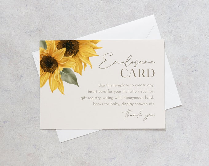 Sunflower Enclosure Card Template, Rustic Wedding Invitation Insert, Baby Shower Insert, Editable, Instant Download, Templett #047-140RC